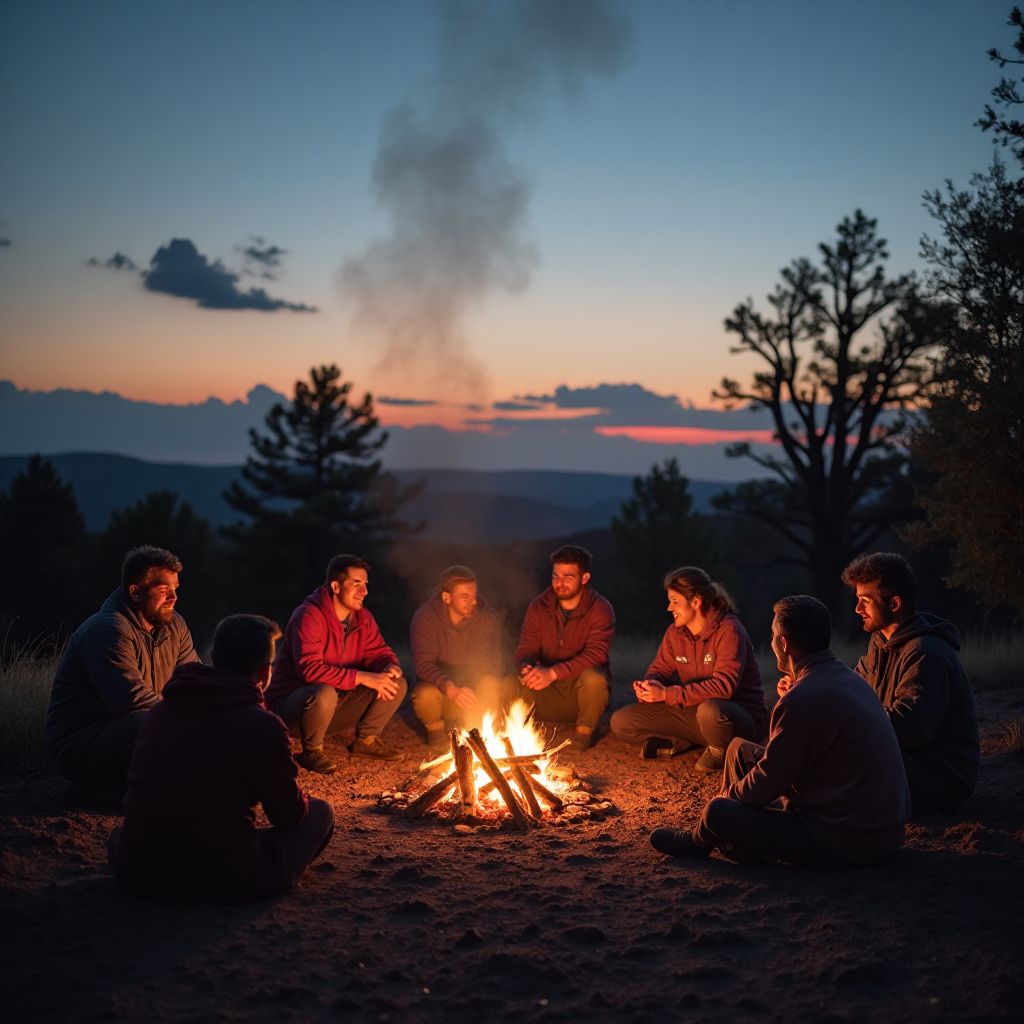 Sunset campfire gathering with tour group