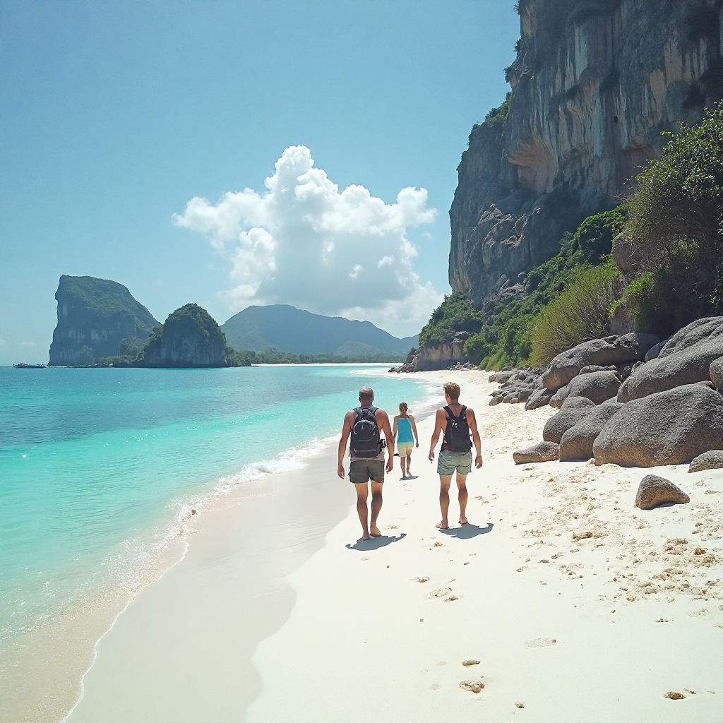 Travelers exploring pristine beach location